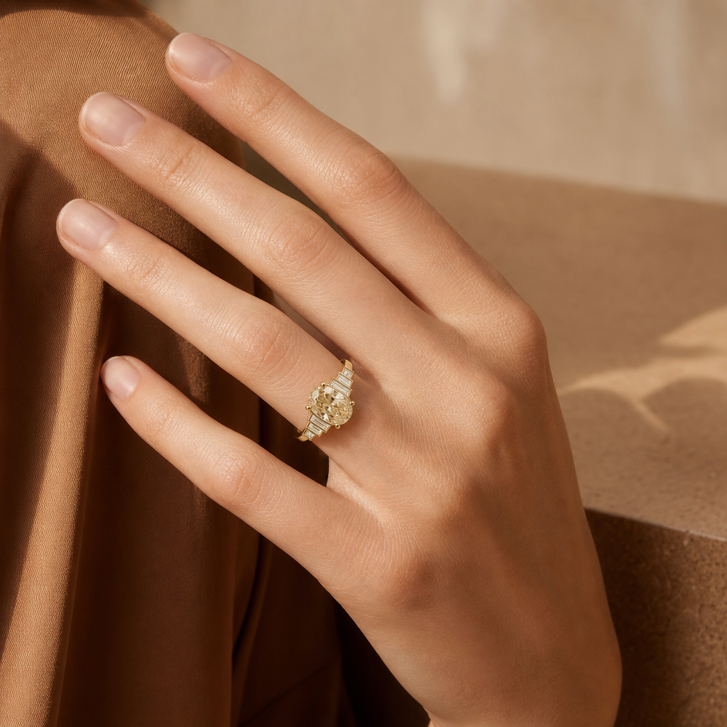 Art deco champagne diamond ring, worn on hand