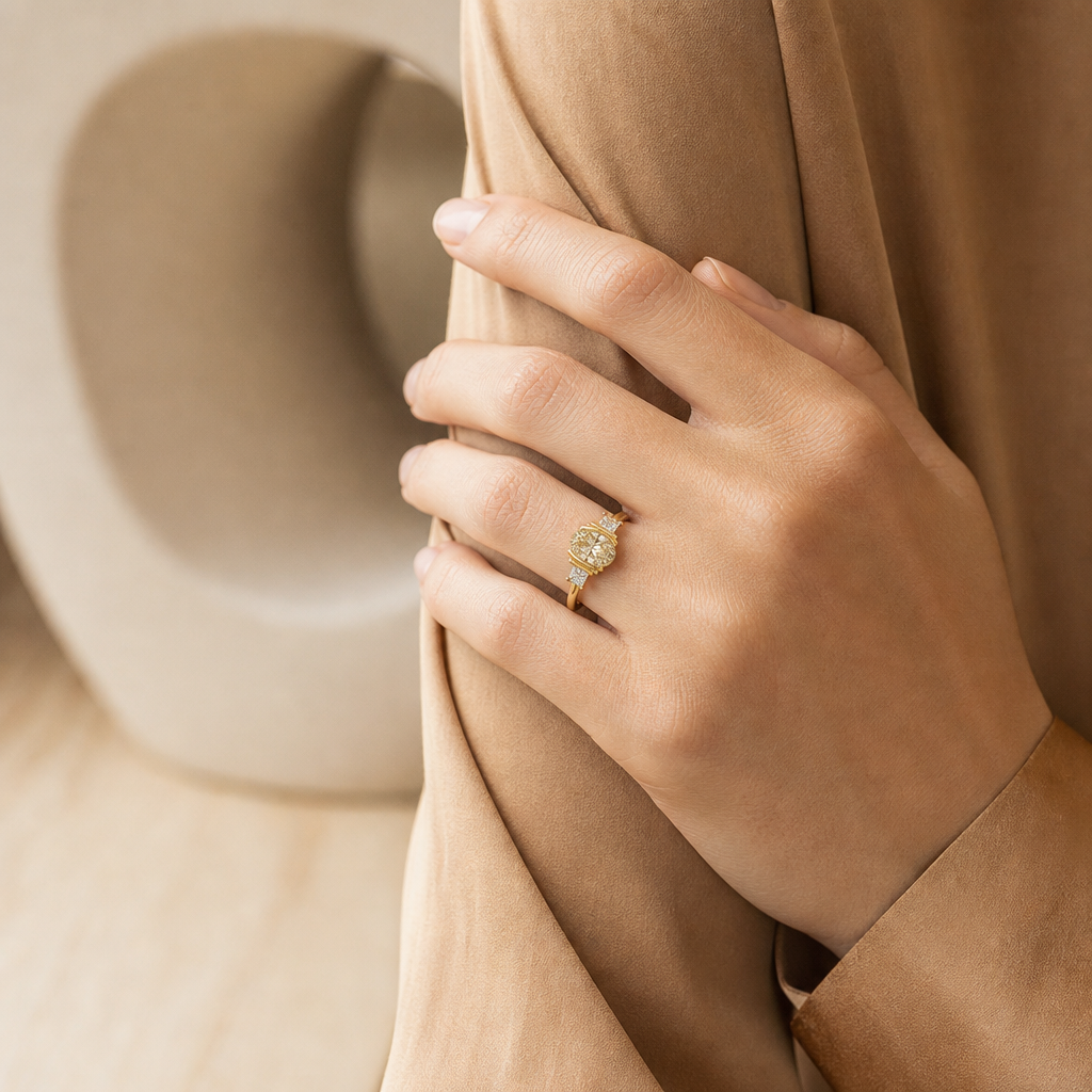 Art deco half bezel champagne ring, worn on hand