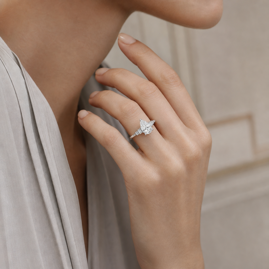 Art deco pear cut ring, worn on hand