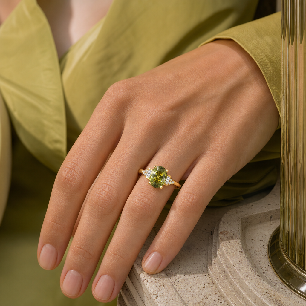 Bi-colour sapphire ring, worn on hand