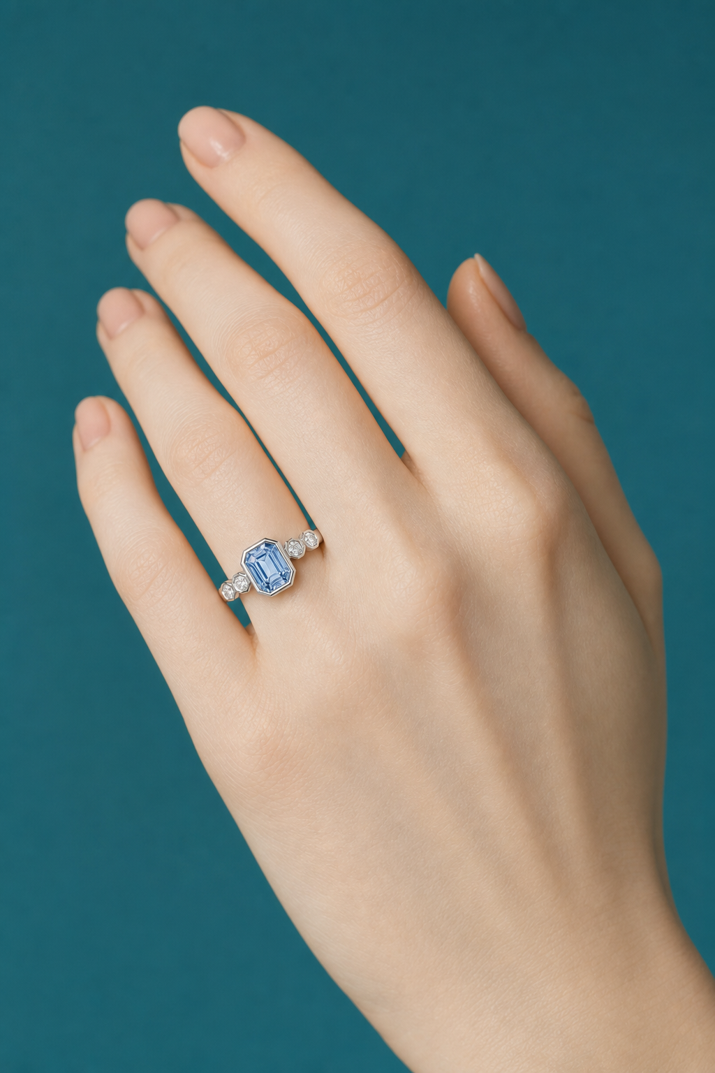 Blue sapphire ring in white gold, worn on hand