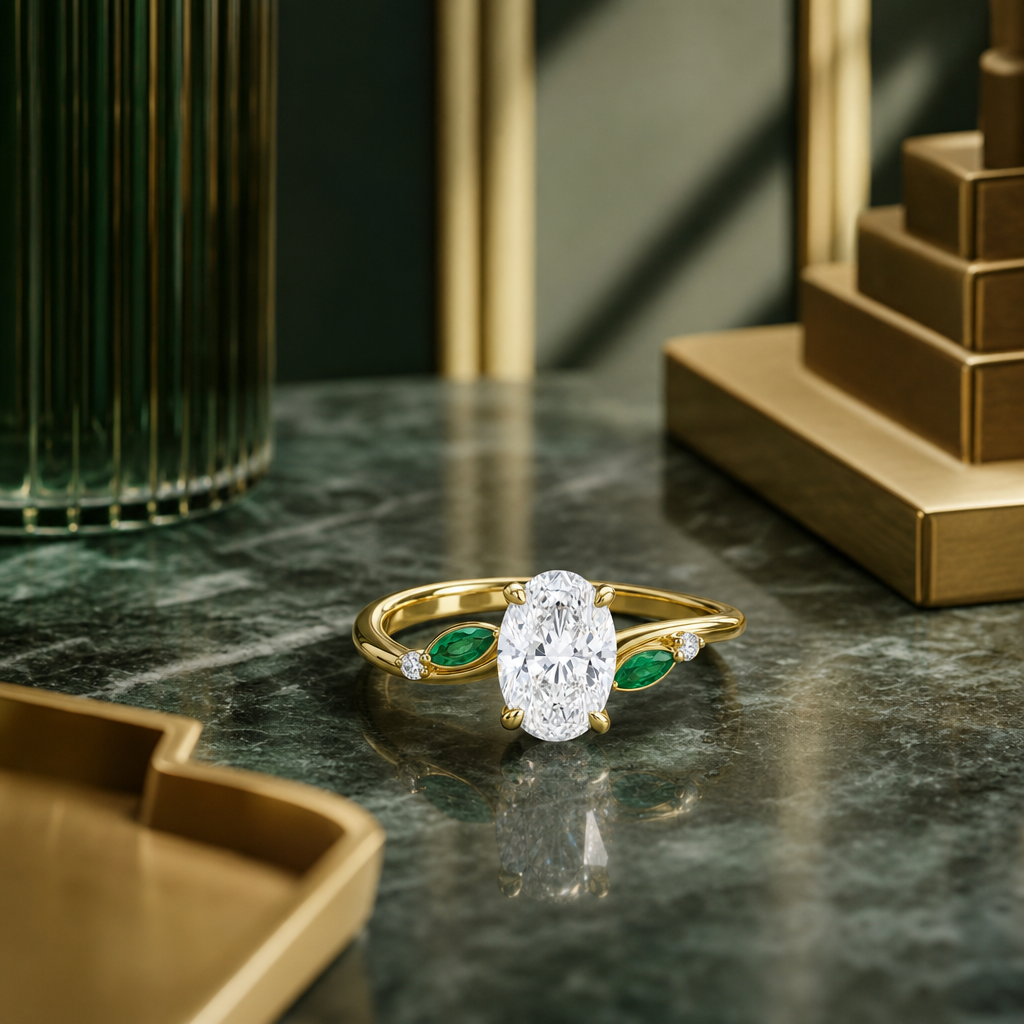 Bypass ring with emerald accents, lifestyle shot