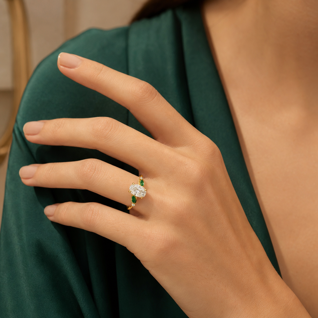 Bypass ring with emerald accents, worn on hand