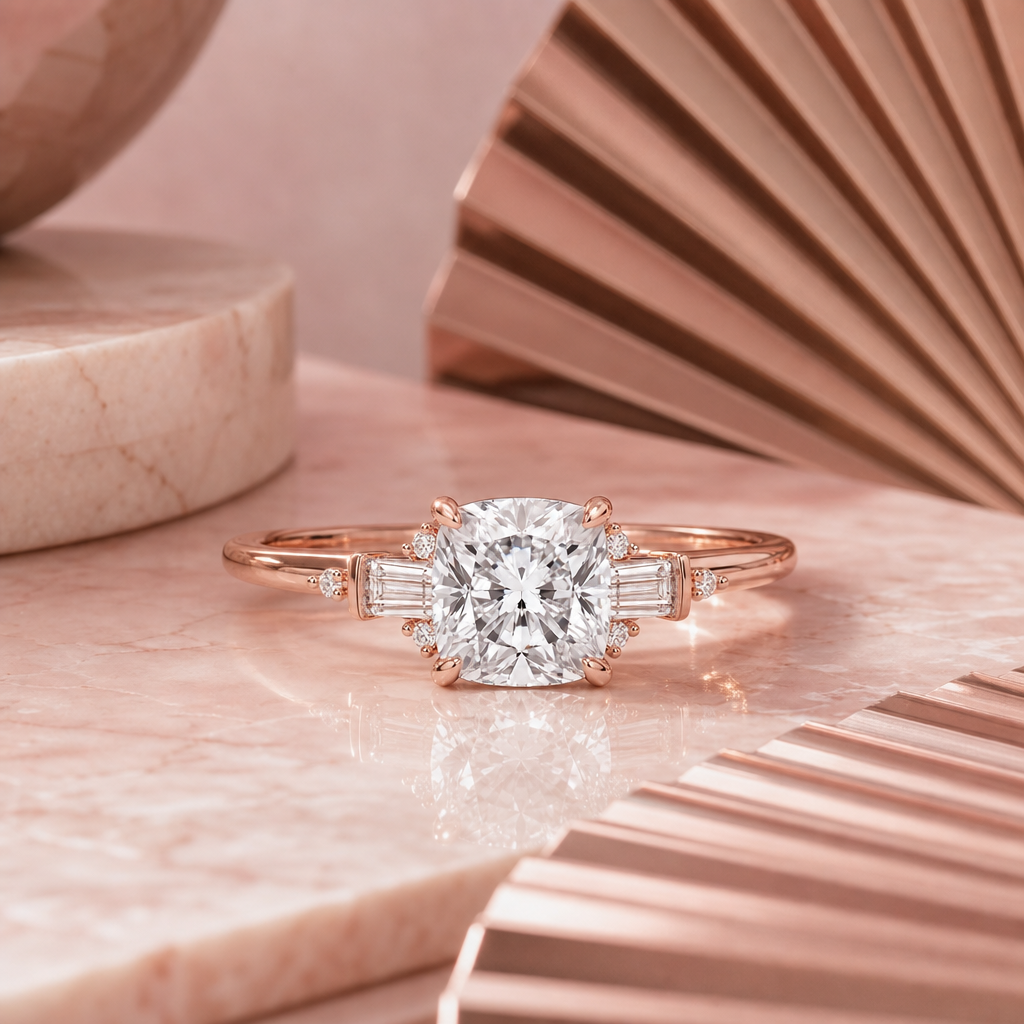 Cushion cut three-stone ring, lifestyle shot