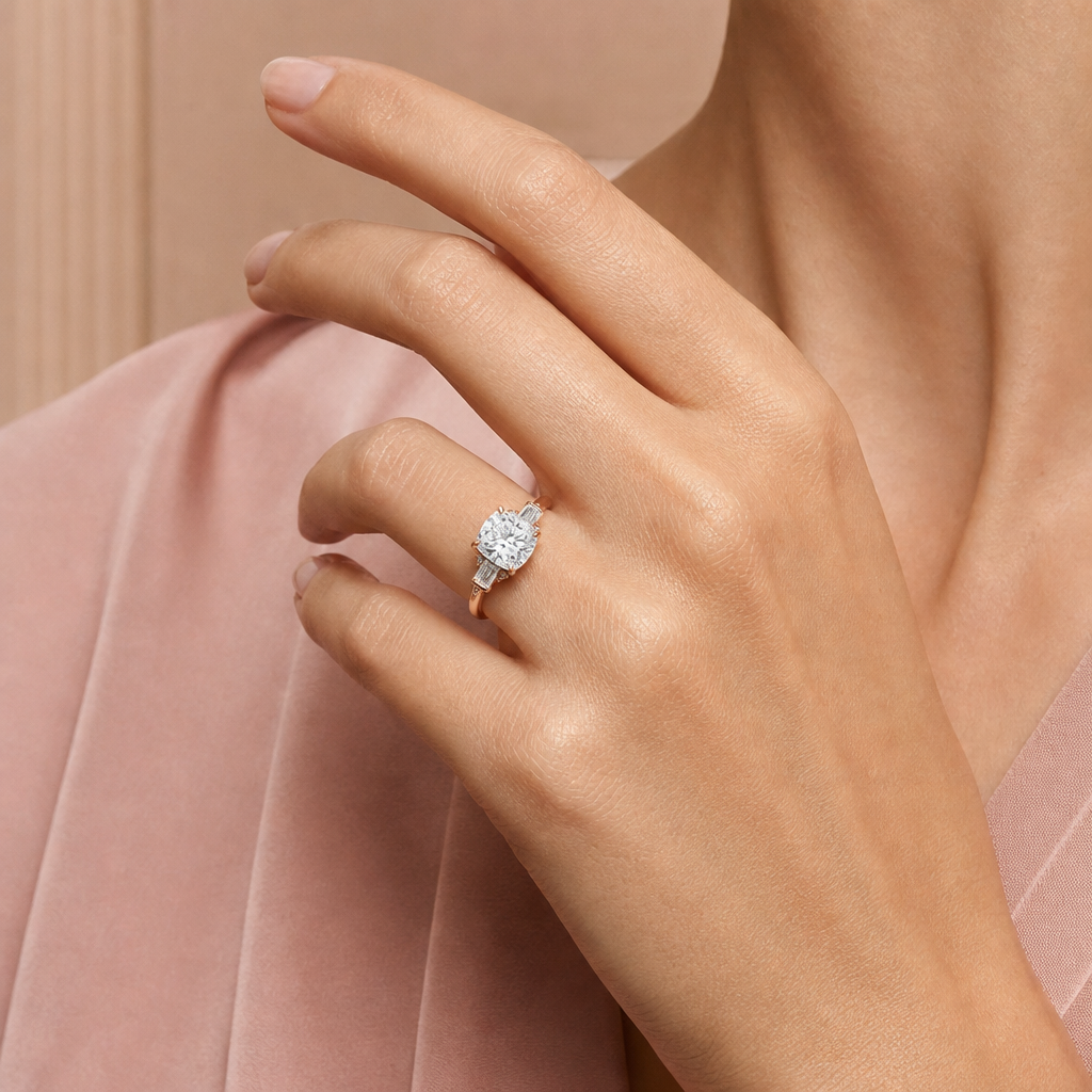 Cushion cut three-stone ring, worn on hand