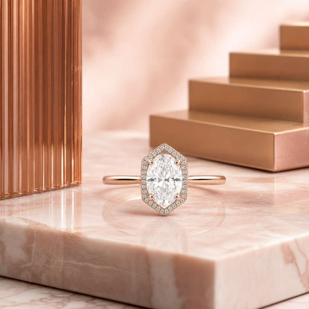 Hexagon halo ring, lifestyle shot