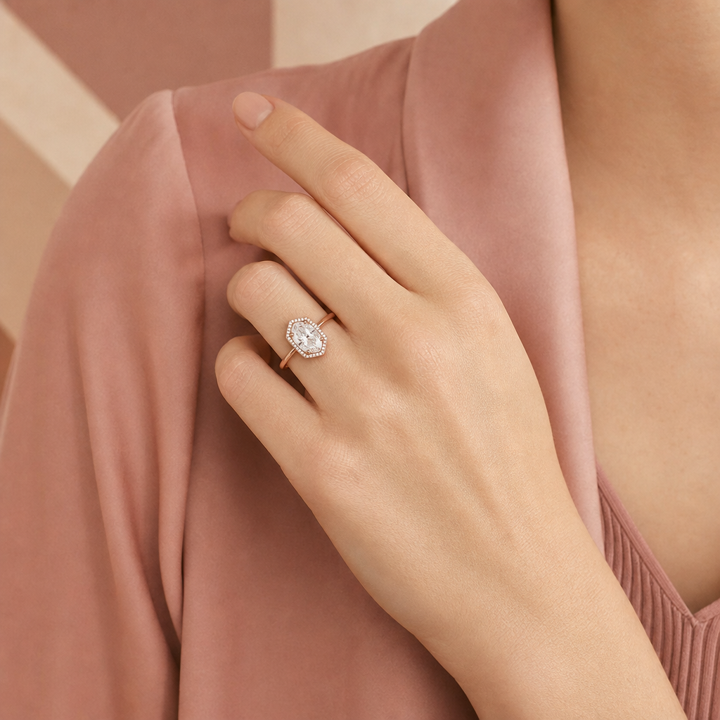 Hexagon halo ring, worn on hand