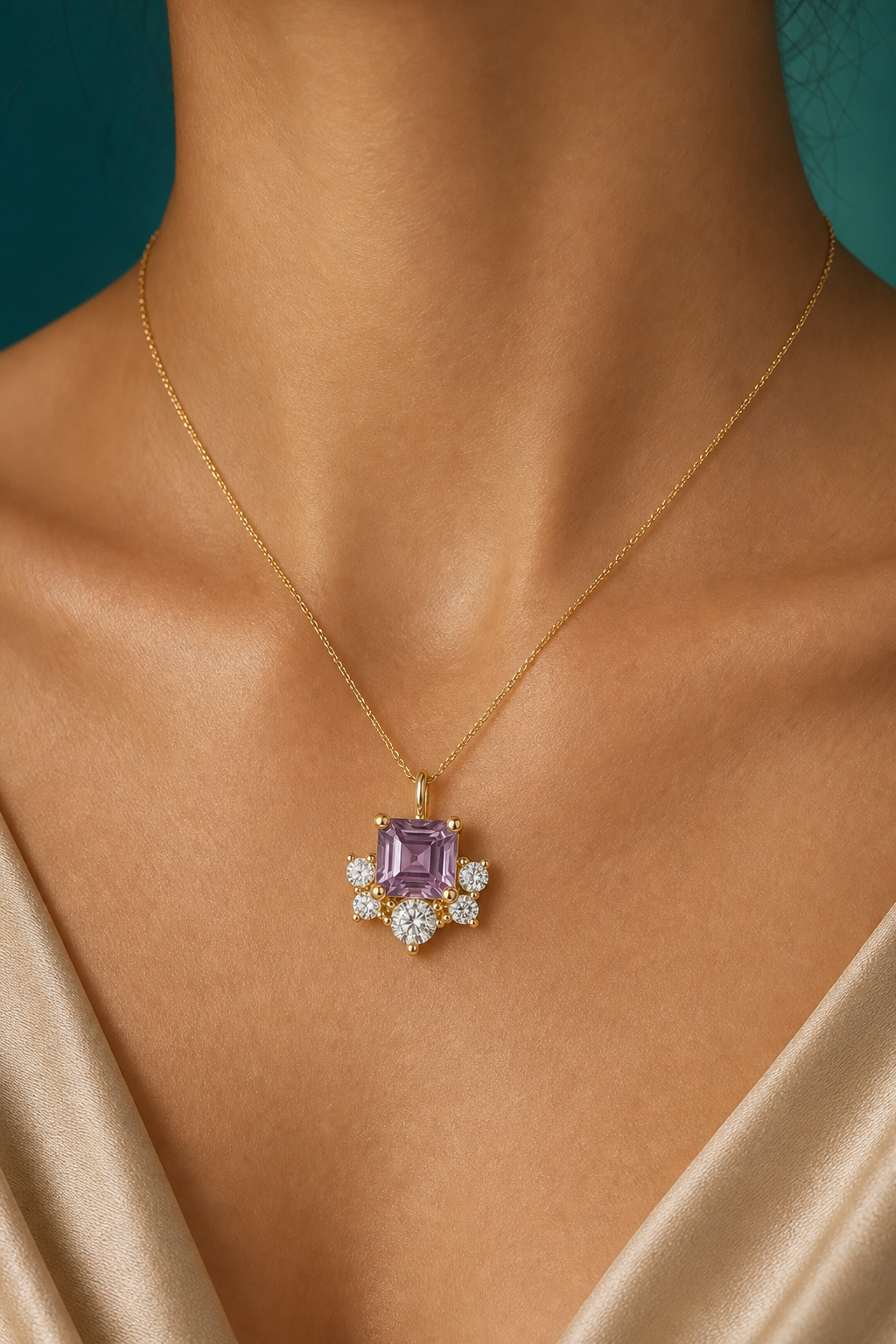 Lavender cluster pendant, worn on body