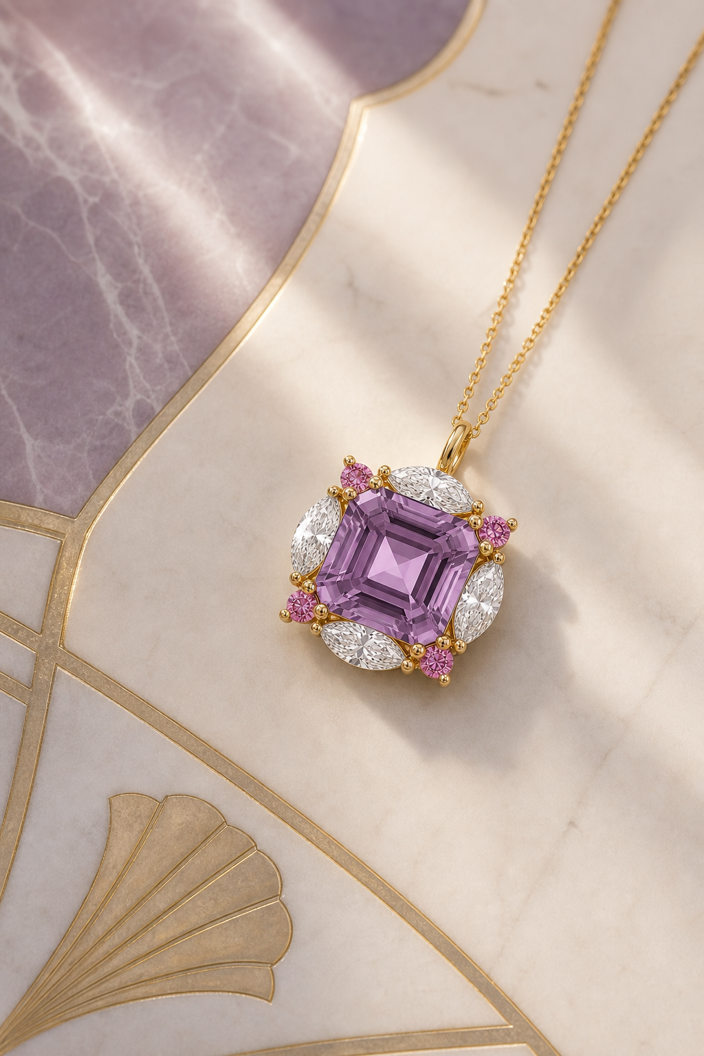 Lavender marquise pendant, lifestyle shot