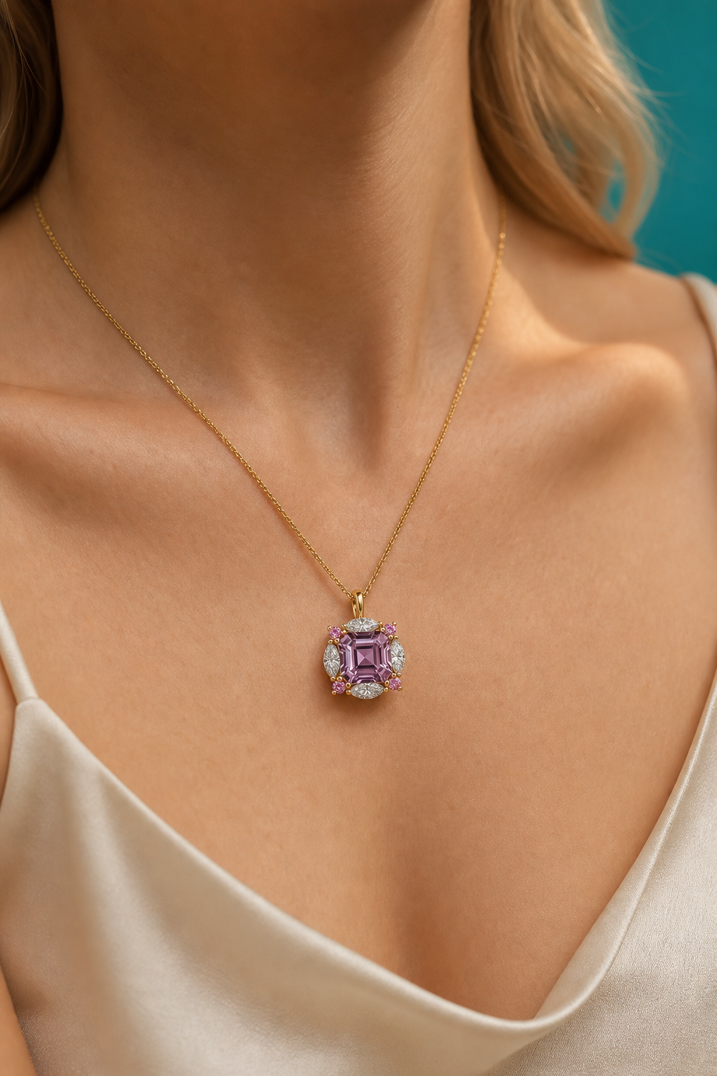 Lavender marquise pendant, worn on body