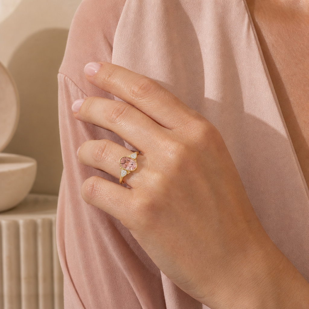 Art deco morganite ring, worn on hand