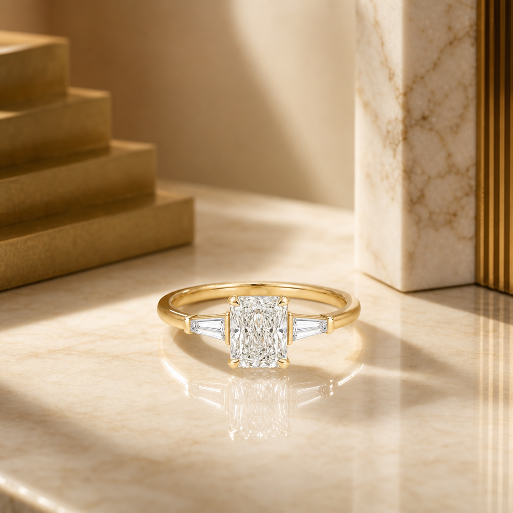 Radiant cut three-stone ring, lifestyle shot