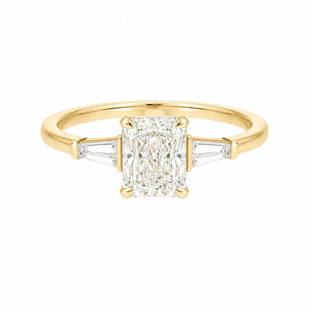 Radiant cut three-stone engagement ring, yellow gold