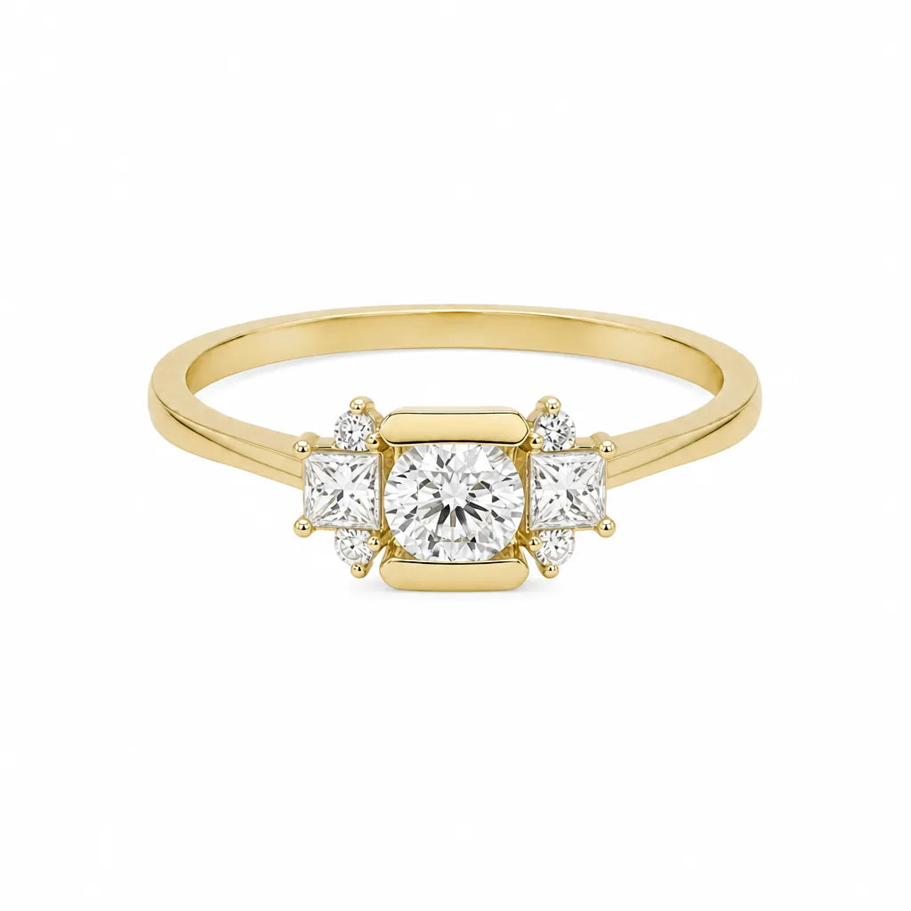 Art deco cluster ring with princess cut accents, yellow gold