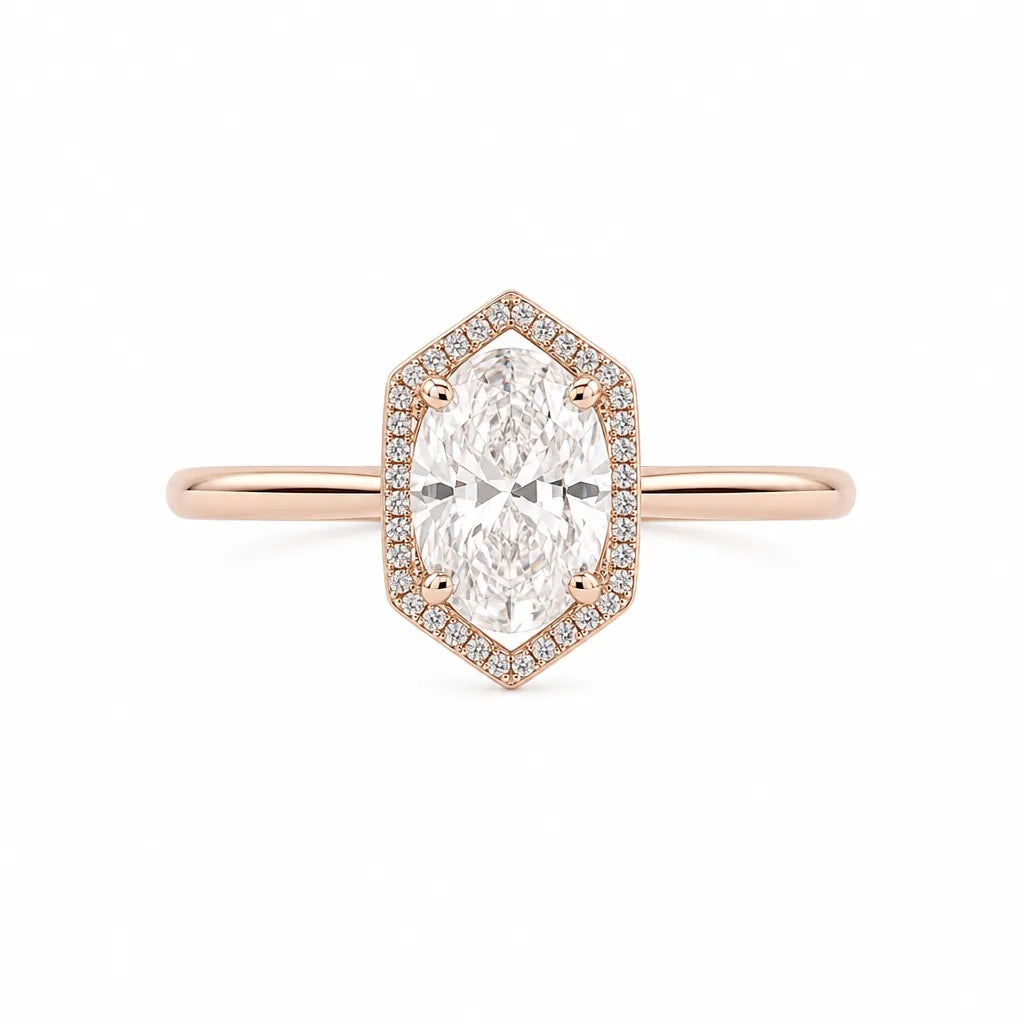 Hexagon halo engagement ring, rose gold