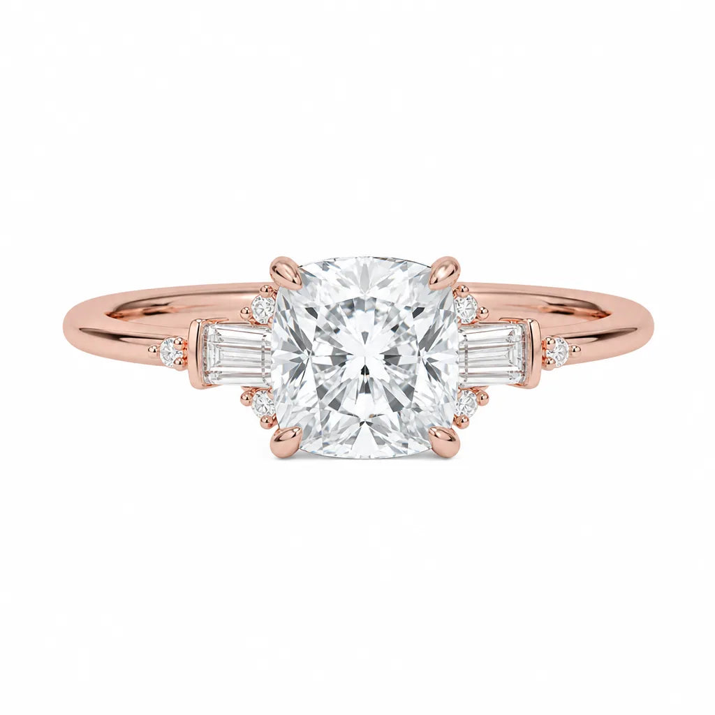 Cushion cut three-stone engagement ring, rose gold