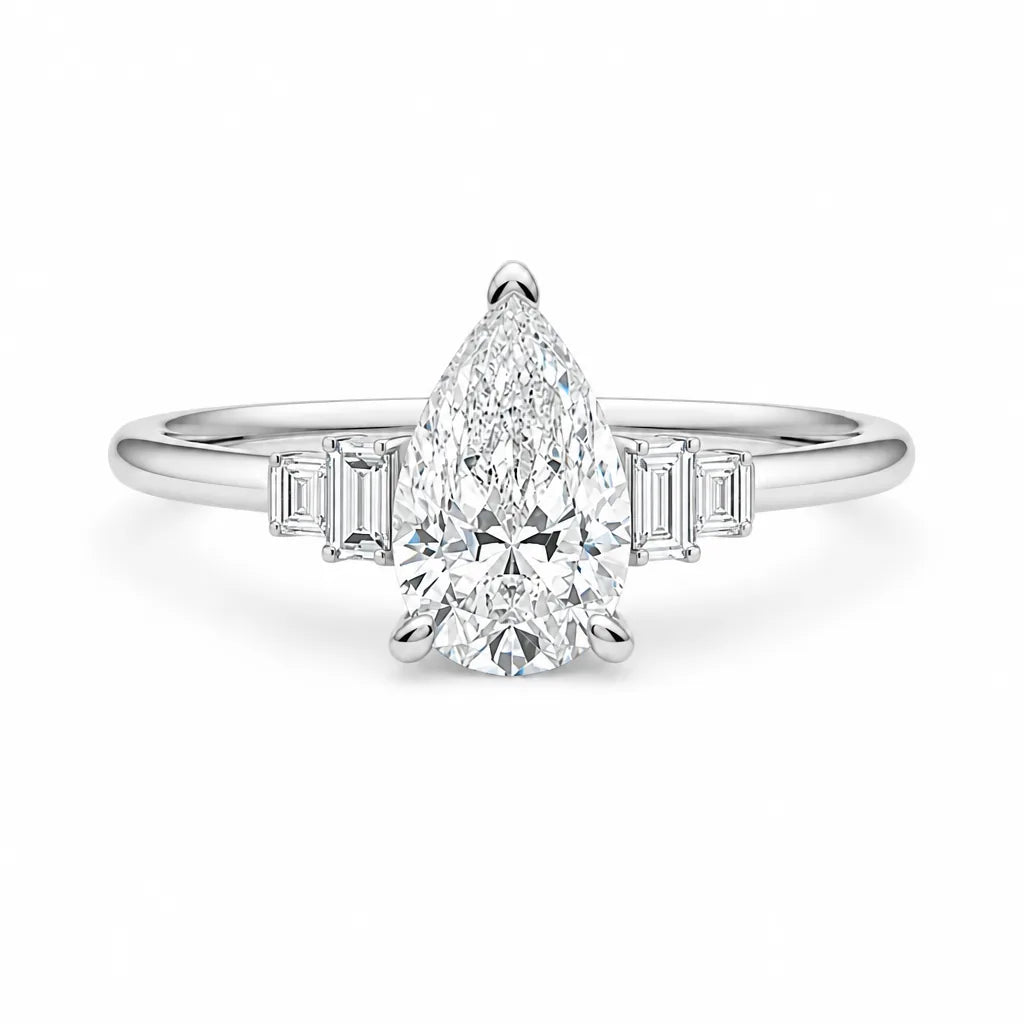Art deco pear cut engagement ring, white gold