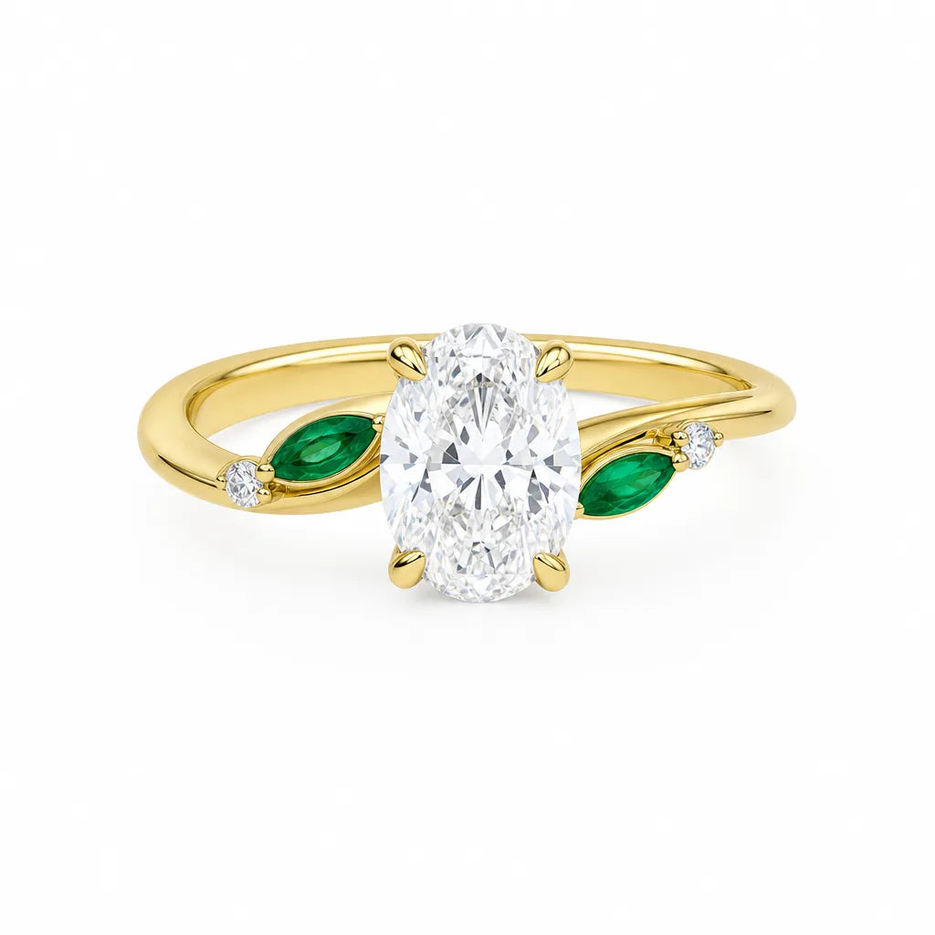 Bypass engagement ring with emerald accents, yellow gold