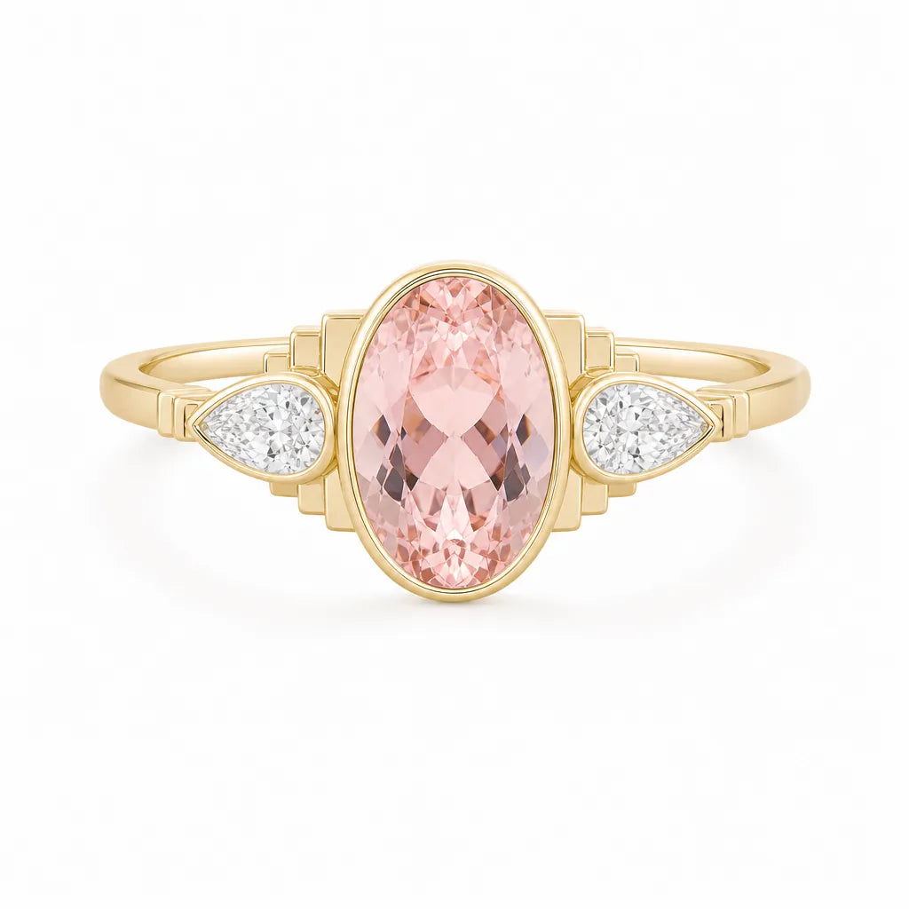 Art deco morganite ring with bezel-set pear diamonds, yellow gold