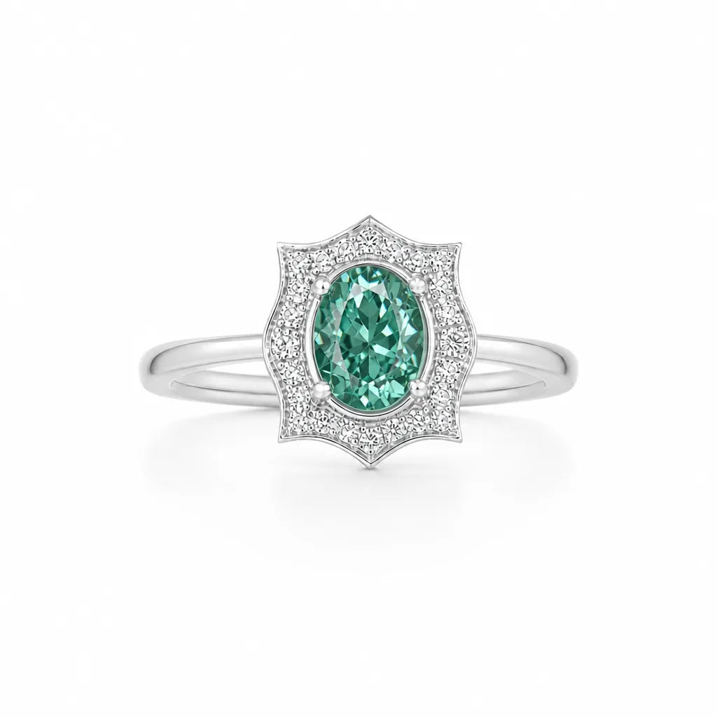 Vintage floral halo engagement ring, single band, white gold