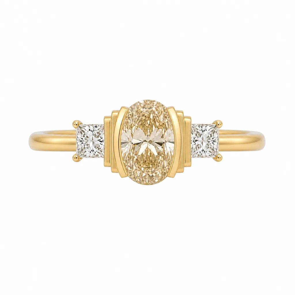 Art deco half bezel champagne diamond ring, yellow gold