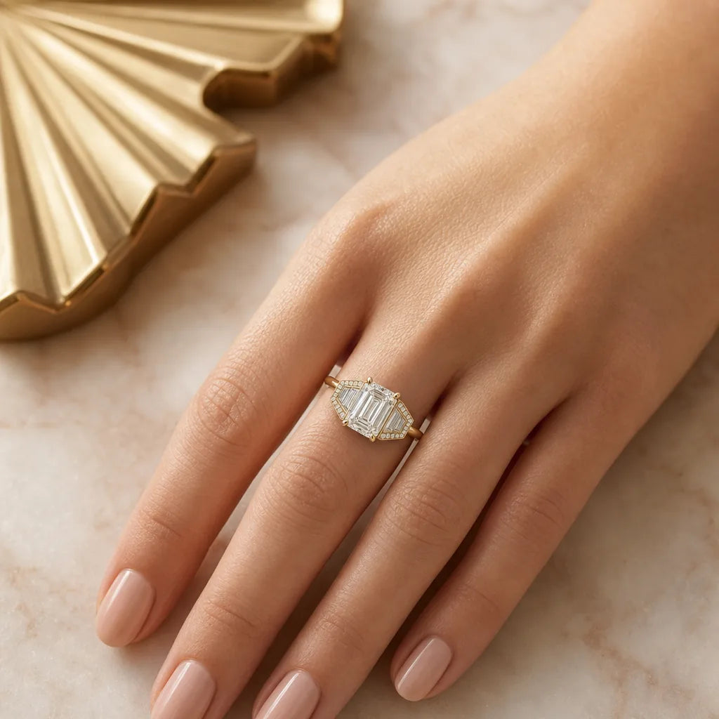 Art deco emerald cut engagement ring, lifestyle shot