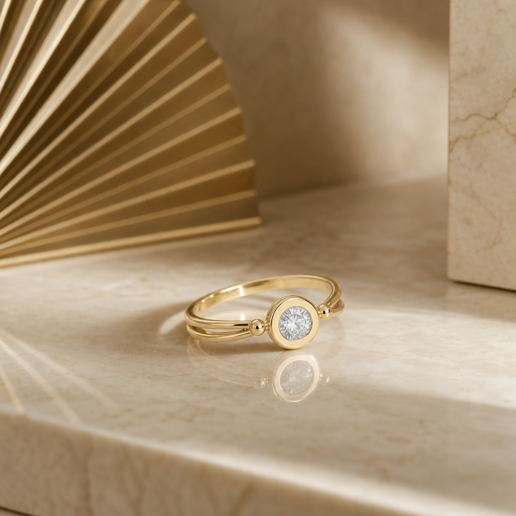 Round bezel solitaire ring, lifestyle shot