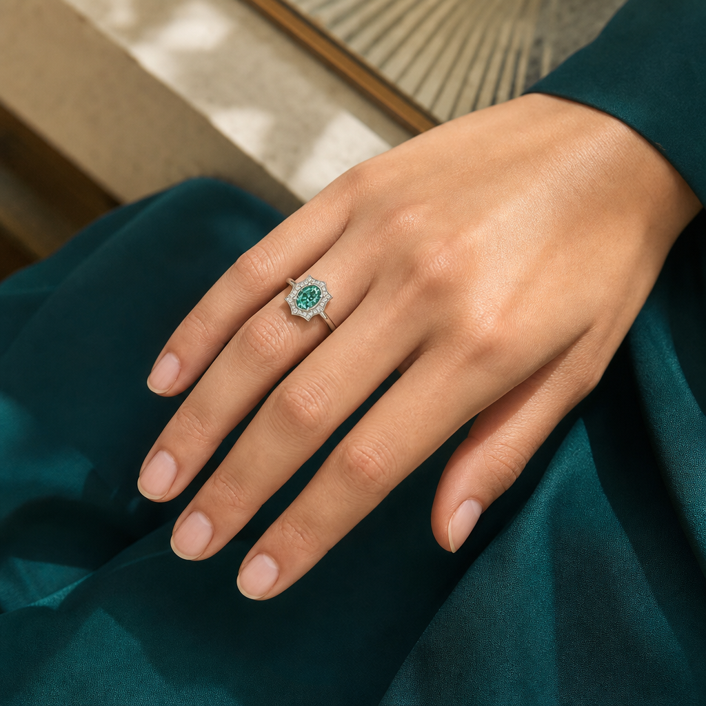Vintage floral halo ring, worn on hand