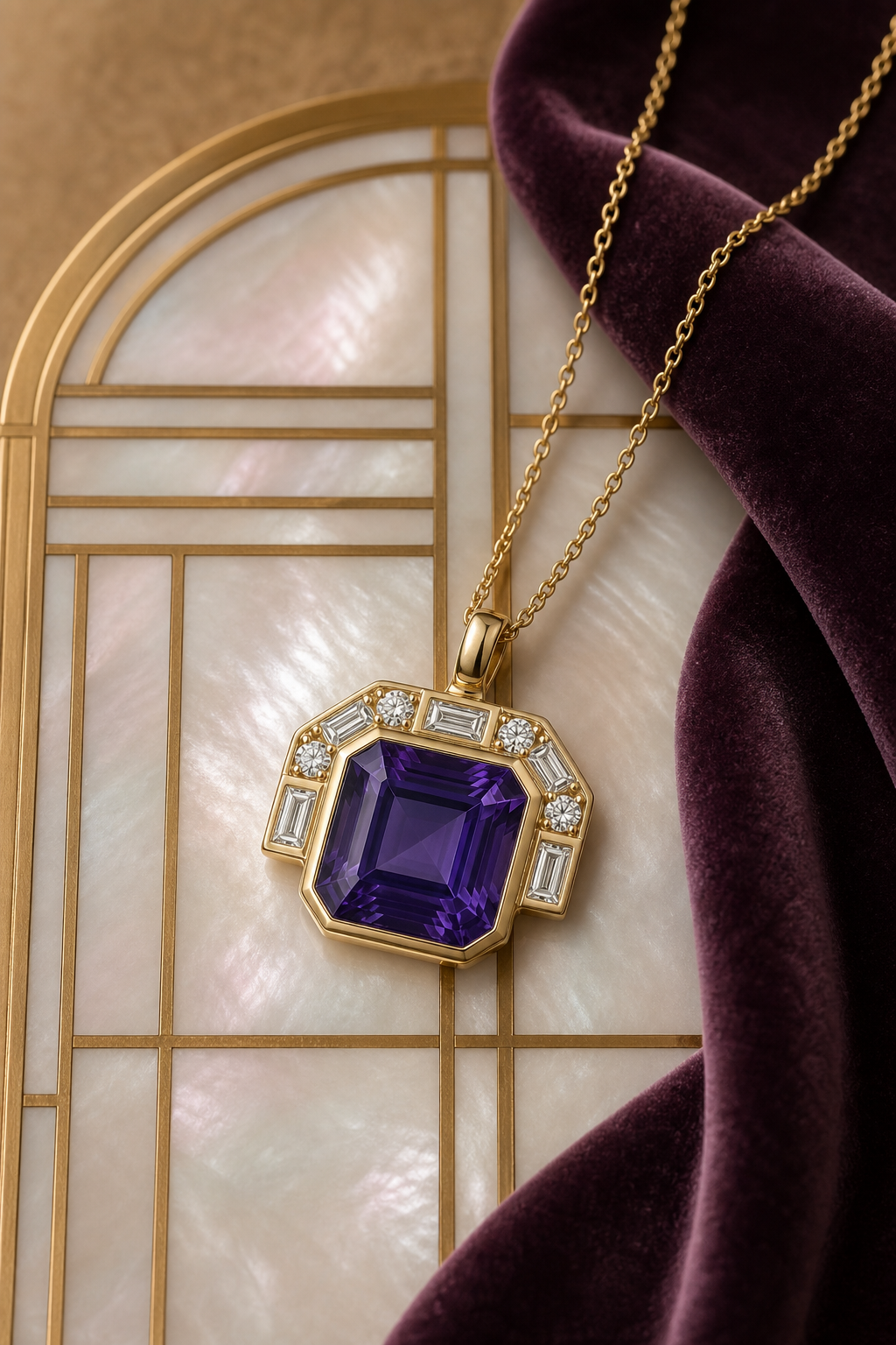 Violet art deco pendant style A, lifestyle shot