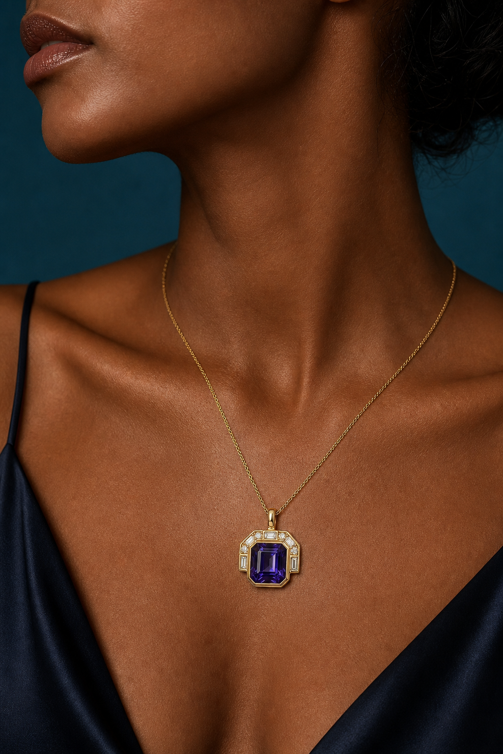 Violet art deco pendant style A, worn on body