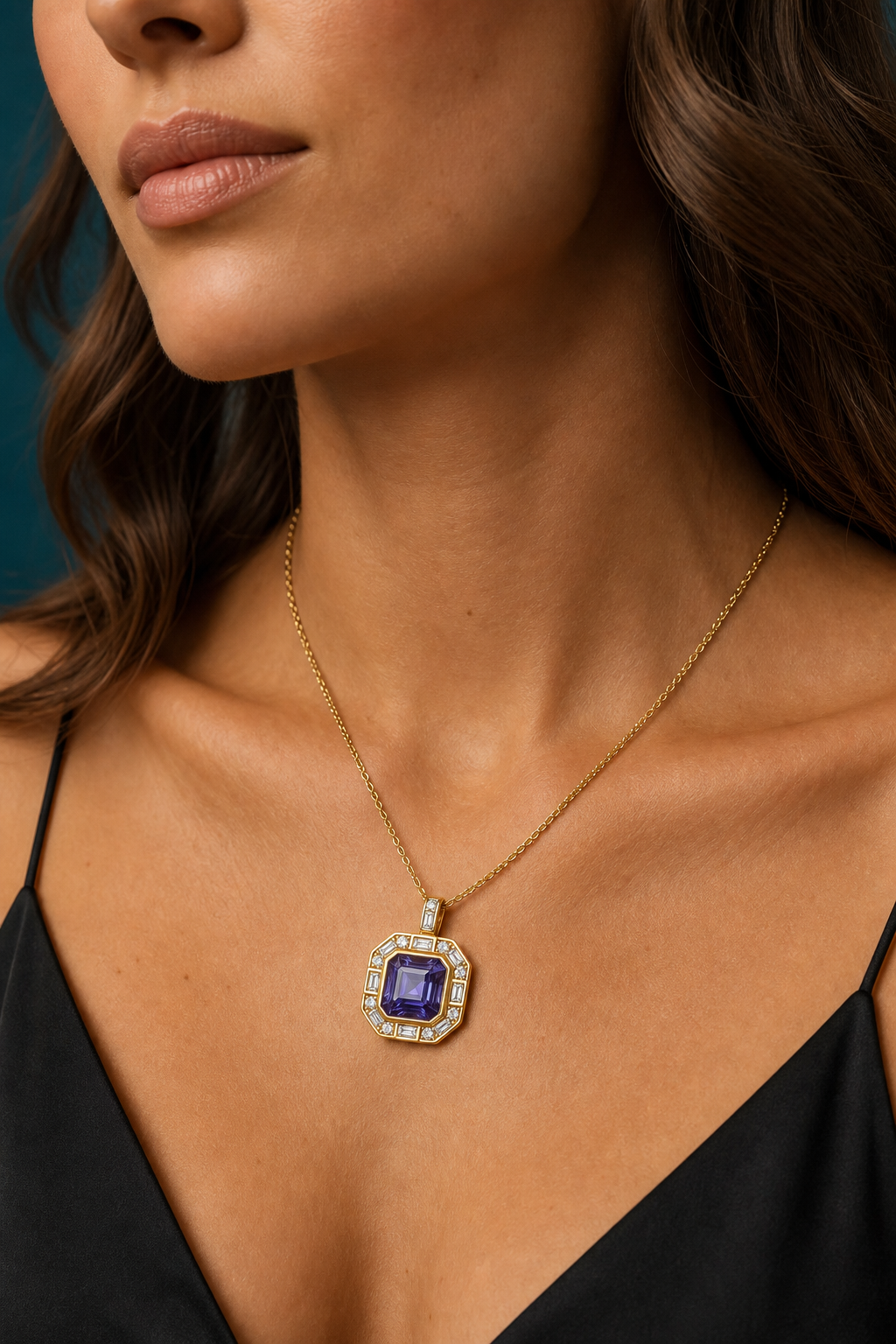 Violet art deco pendant style B, worn on body