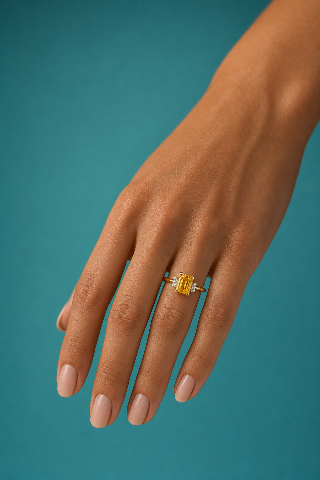 Yellow sapphire ring, worn on hand alt angle